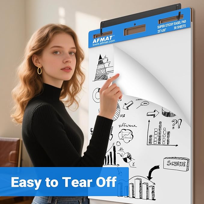 AFMAT Sticky Easel Pads, 25 in x 30 in Flip Chart Paper for Teachers, Super Sticky & Bleed-Resistant, Self-Stick Anchor Chart Paper for Office/Classroom/Whiteboard/Wall/Windows, 30 Sheets/Pad, 5 Pads