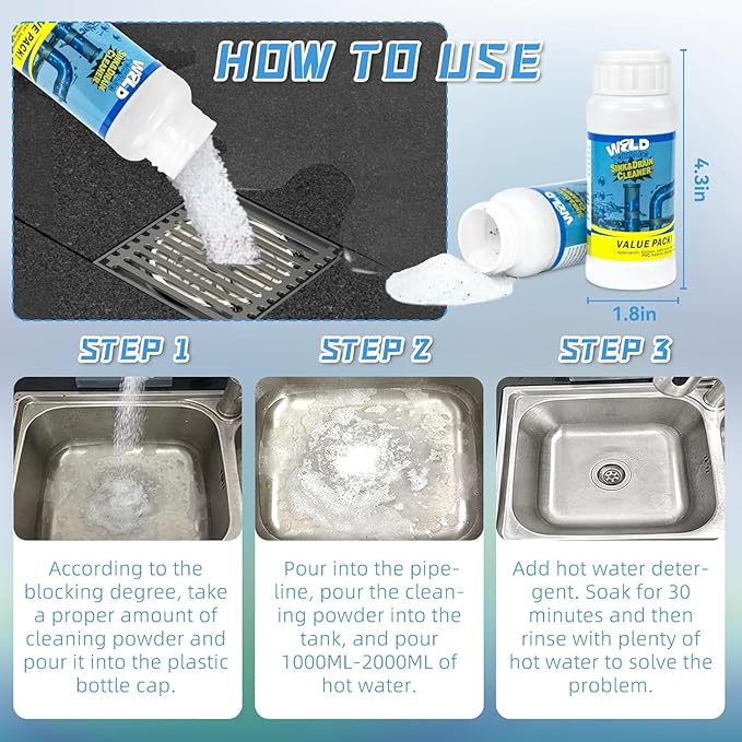 3PCS Wild Tornado Pipe Dredge,Powerful Sink Cleaner Powder Fast Foaming for Kitchen Toilet Pipeline Quick Cleaning Tool