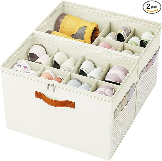 Shoe Organizer for Closet, 2-Pack Foldable Shoe Storage Box with Adjustable Dividers & Clear Cover, Fits 16 Pairs, Beige, Durable and Space-Saving