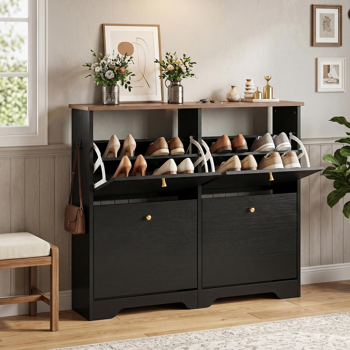 Nicetree Shoe Cabinet, 4 Flip Drawers Slim Black | Home Organization - Image 1