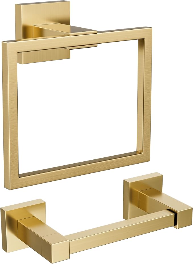 Bathroom Hardware Set — Toilet Paper Holder & Towel Ring, Brushed Gold