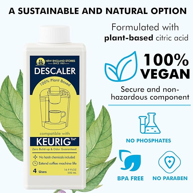 New England Stories Keurig Compatible Descaling Set, 1 Year Cleaning & Maintaining Set, Includes 1 Bottle of Descaler (4 Uses), 12 Cleaning Tablets, 1 Reusable Pod and 6 Water Filters