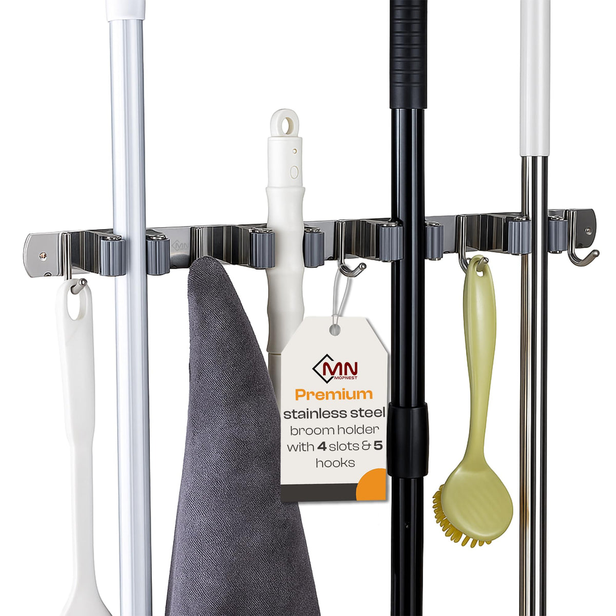 Stainless Steel Broom Holder Wall Mount, 4 Racks & 5 Hooks - Image 1