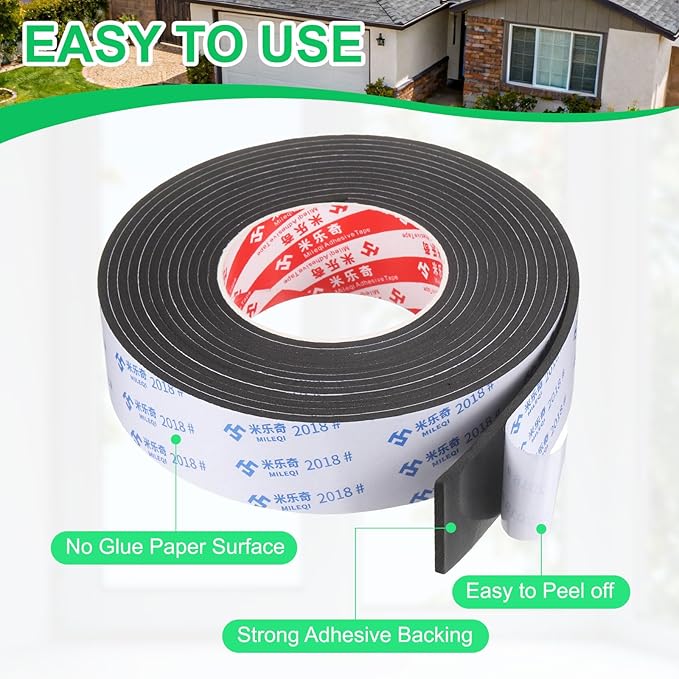 PATIKIL Sponge Rubber Foam Tape, 1 3/4" W x 1/8" t x 16.4ft l Self-Adhesive Foam Insulation Tape Weather Stripping for Window Door Soundproofing Weatherstrip AC Seal Strip, Black