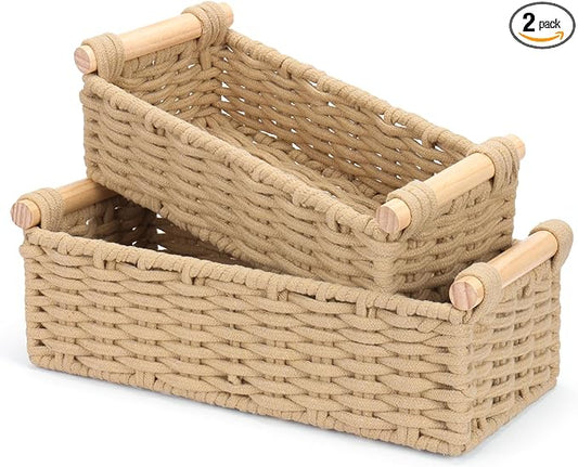 Boho Cotton Rope Storage Baskets Set of 2, Woven Wicker Organizer Bins with Wooden Handles, Small Decorative Boxes for Organizing, Toilet Paper Baskets for Bathroom Countertop, Shelves (Brown 2 Pack)