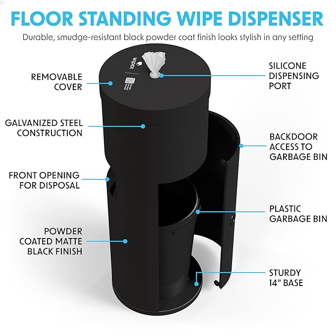 Wipex Wipe Dispenser Refill Bundle - 2800 Count Large 8x12 Gym Wipes for Equipment, Lemongrass & Eucalyptus Scent with Black Stainless Steel Floor Dispenser & Trashcan, Ideal for Fitness Centers