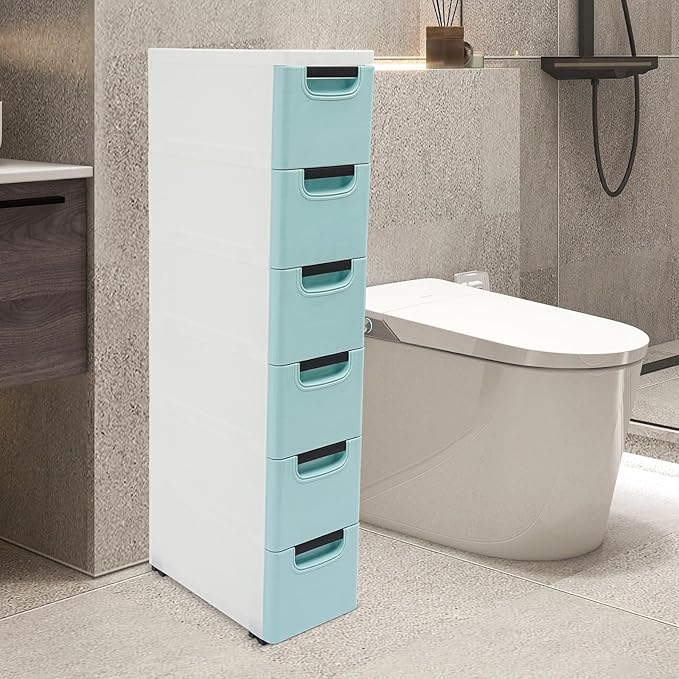 6 Drawers Storage Cabinet, Narrow Plastic Dresser, Rolling Organizer Cart, Mobile Slim Utility Cart on Wheels, Storage Drawer for Small Spaces (Blue)