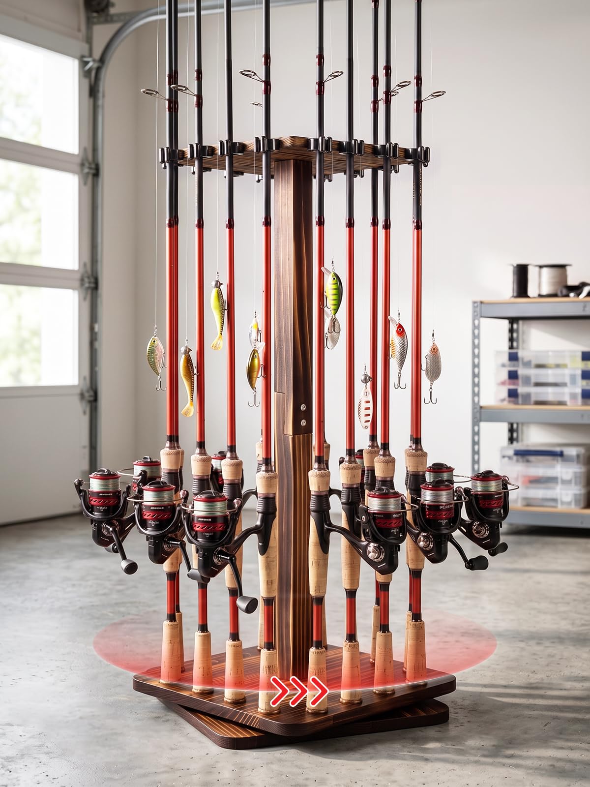 Rotating Fishing Rod Holder for Garage,Wood Floor Stand Pole Rack - Image 1