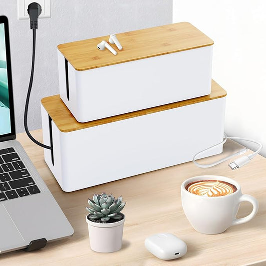 Cable Management Box,2 Pack Wooden Style Large Cable Organizer Box for Office and Home,Cable Organizer Box with Proof Lock for Baby-Pets,Wood Lid（White,2 Pack
