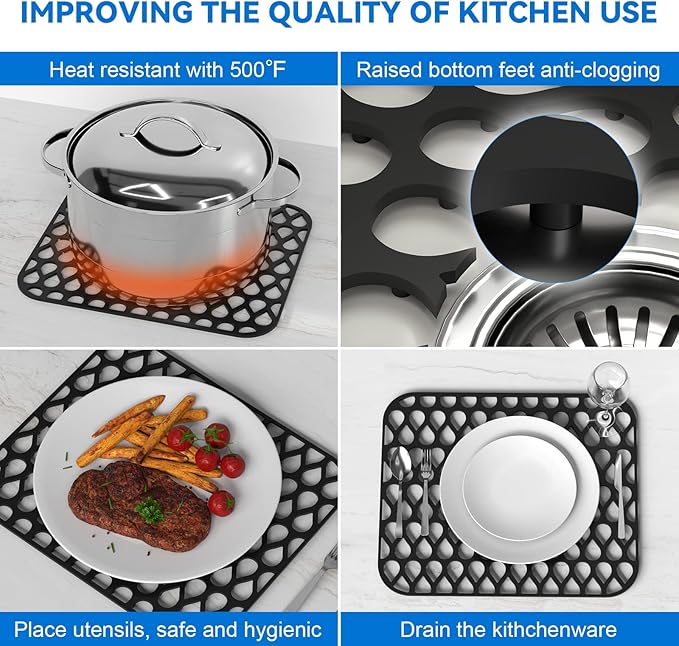 Silicone Sink Mat 2PCS TOOVEM Cistern Protectors for Kitchen Sink, Grid Non-Slip Folding Kitchen Sink Mats for Bottom of Stainless Steel Porcelain Cistern- Black