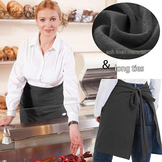 Cityelf Linen Server Apron Cotton Bistro Half Apron with Large Pockets Waist Kitchen Apron for Cooking Waitress