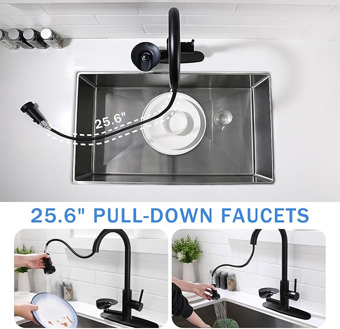 Kitchen Faucet with Glass Rinser, Pull Down Sink Faucet with 3 Spray Modes and High Pressure Glass Rinser, Single Hole 2 in 1 High Arc Stainless Steel Kitchen Faucets (Matte Black)