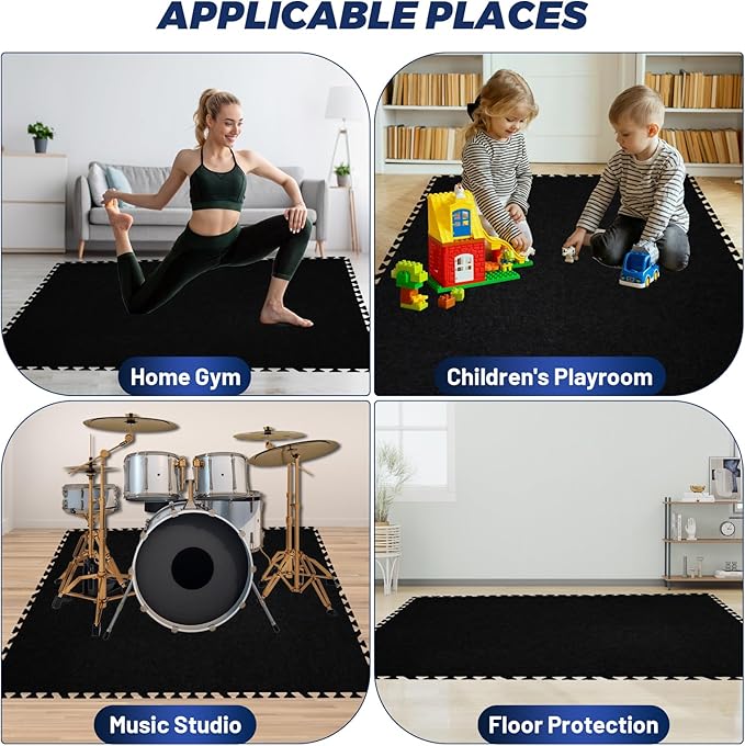Focusound 20Pcs Sound Absorbing Interlocking Drum Rug, 11.8 x 11.8 x 0.4 inches High Density Soundproof Floor Mats, Non-Slip Anti Vibration Piano Carpet Drum Mat for Music Studio, Black