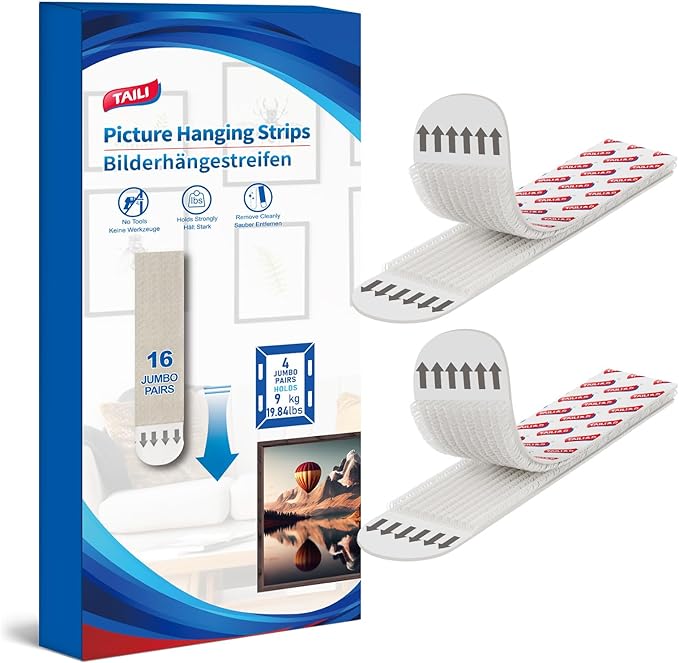 TAILI Picture Hanging Strips Heavy Duty, Extra Large 16 Pairs (32 Strips) Frame Hangers for Walls, Pictures Kit Without Nail, Damage Free Adhesive Poster Decor, Art, Mirror