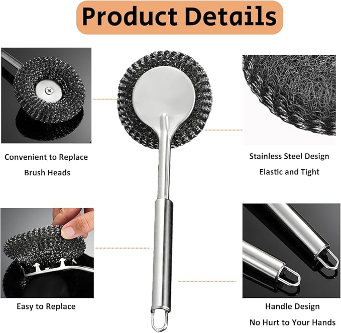 Steel Wool Scrubber with Handle, Stainless Steel Pan Cleaner Scrubber with Long Short Handle Cleaning Brush Metal Scrubber with Replacement, Steel Scrubber for Dishes Tableware Home Kitchen