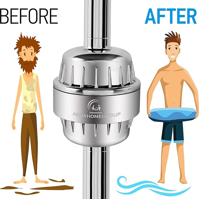 AquaHomeGroup Shower Head Filter – 20-Stage + 5 Replacement Cartridges – Removes Chlorine, Fluoride, and Other Chemicals – Vitamin C, E & A Shower Filter for Glowing Skin & Hair