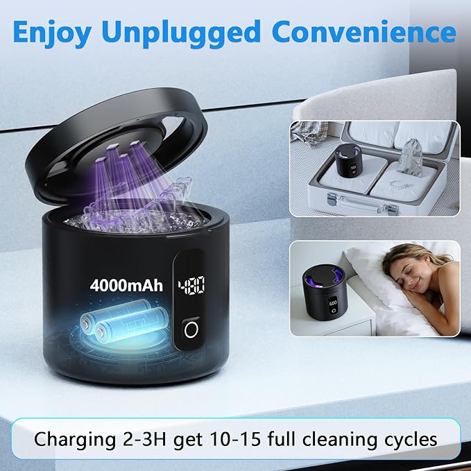 Ultrasonic Retainer Cleaner Machine, 2026 Upgraded Rechargeable 4000mAh Battery | 48kHz Ultrasonic Dental Cleaning Pod for Night Guard, Invisalign, Braces, Denture, Toothbrush and Jewelry - Black