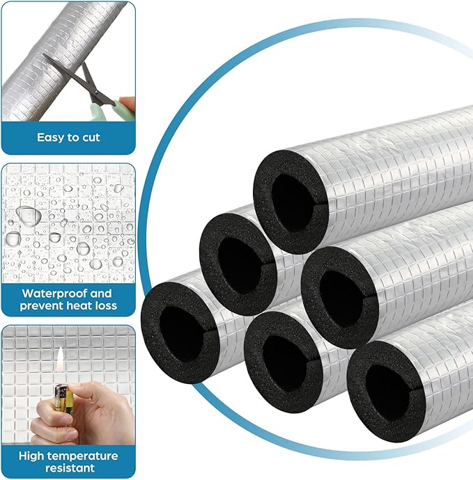 Tondiamo 8 Pcs 3 ft Pipe Insulation Foam Tube Self Adhesive Insulation Foam Wrap with Aluminum Foil Tape Water Tubing Cover for Outdoor Winter Irrigation, Spigot, Sprinkler Protection(1 Inch)