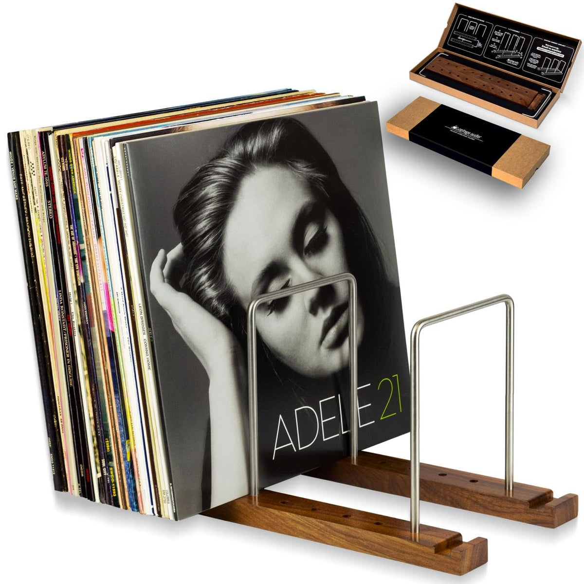 Vinyl Record Storage Holder, 75 LPs, Solid Walnut & Steel - Image 1