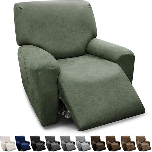 Chair Covers 4-Pieces Recliner Chair Covers 1 Seater Cover for Recliner Chair Leather Look Recliner Slipcovers with Pockets Spandex Fabric Furniture Covers(Recliner, Army Green)