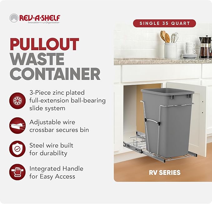 Rev-A-Shelf Pullout Trash Can for Kitchen Cabinets 35 Qt Garbage Waste Recycling Bin w/ Full Extension Slide, Metallic Silver, RV-12KD-17C S
