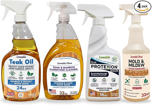 Loveable EcoDecors Complete Teak Care Bundle - 24oz Teak Oil, 32oz Cleaner, 16oz Protexion, and 32oz Stain Remover