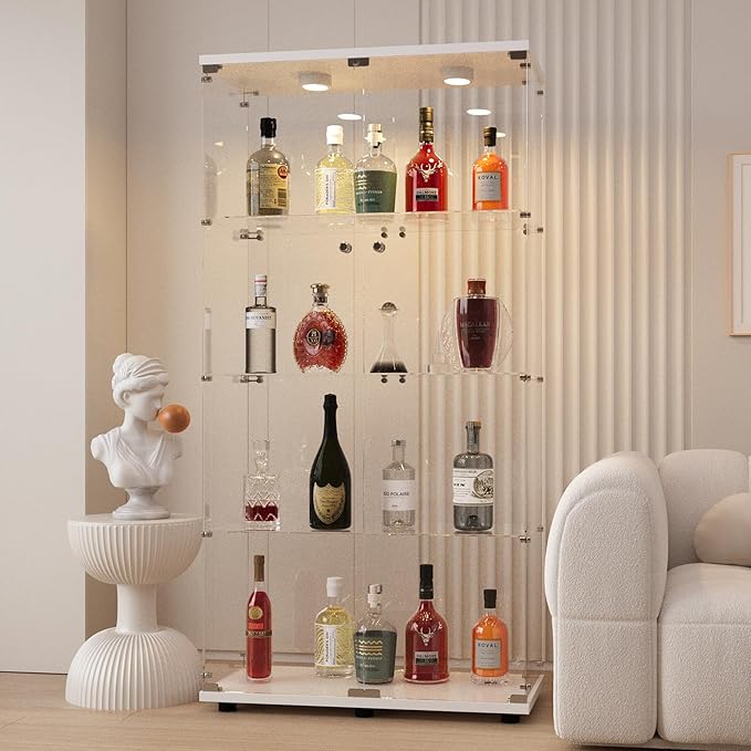 LFT HUIMEI2Y Glass Display Cabinet with LED Lights and Lock, 2 Door Curio Cabinets, Tempered Glass Collection Display Showcase for Bedroom, Living Room 65” White