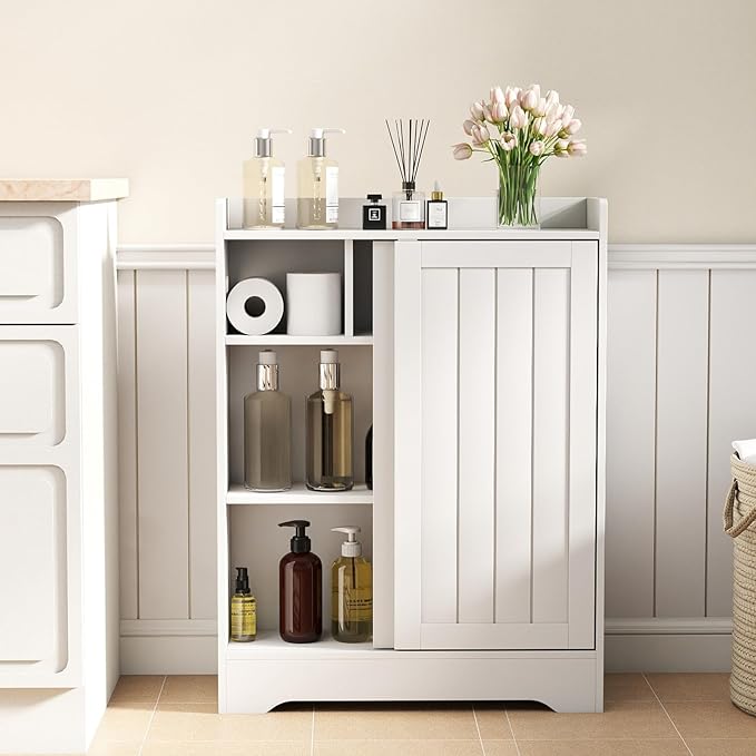 Giantex Bathroom Storage Cabinet, Slim Floor Cabinet w/2 Sliding Doors & Adjustable Shelves, Next to Toilet Storage Organizer w/Toilet Paper Holders & Brush Compartment for Small Space (White)