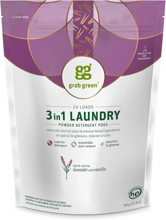 Grab Green Natural 3 in 1 Laundry Detergent Pods, Lavender + Vanilla-With Essential Oils, 24 Loads, Organic Enzyme-Powered, Plant & Mineral-Based, 13.5 Ounce