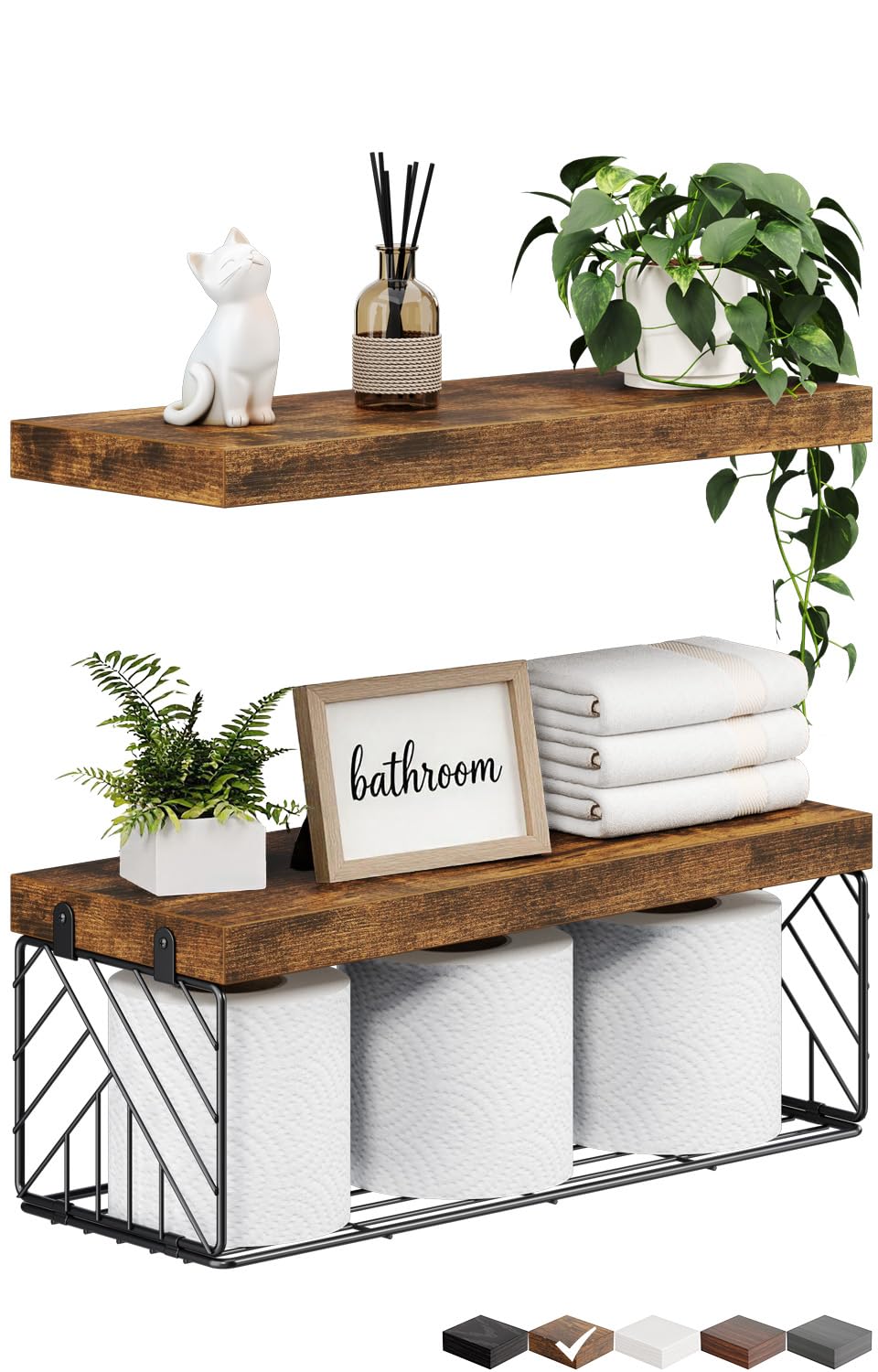 BAYKA Rustic Brown Floating Bathroom Shelves, 15.7in - Image 1