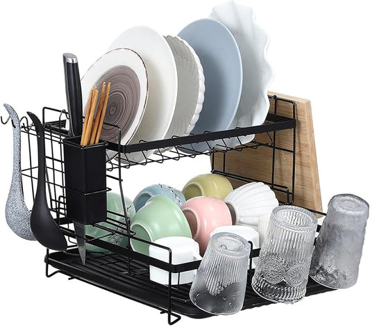 Large Capacity Double Tier Dish Drying Rack with Drainboard and Side Utensil Holder Over Sink Kitchen Counter Organizer for Bowls Plates Cutlery and Chopping Board Storage