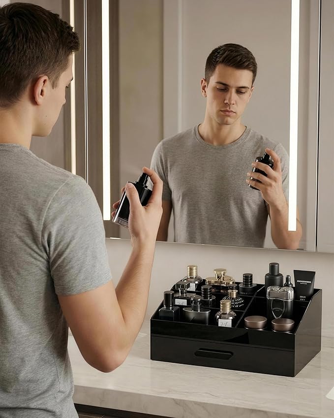 ProCase Cologne Organizer for Men with Drawer, Acrylic Perfume Holder & Bathroom Countertop Organizer for Men & Women, Dresser Vanity Storage for Cologne, Perfume and Skincare -1 Layer