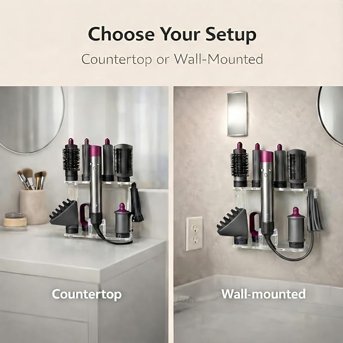 Dyson Airwrap Holder, Dyson Airwrap Organizer with 8 Slots, Clear Acrylic Stand for Shark Hair Dryer Holder, Wall-Mounted or Freestanding with Silicone Pads Bathroom Vanity Table
