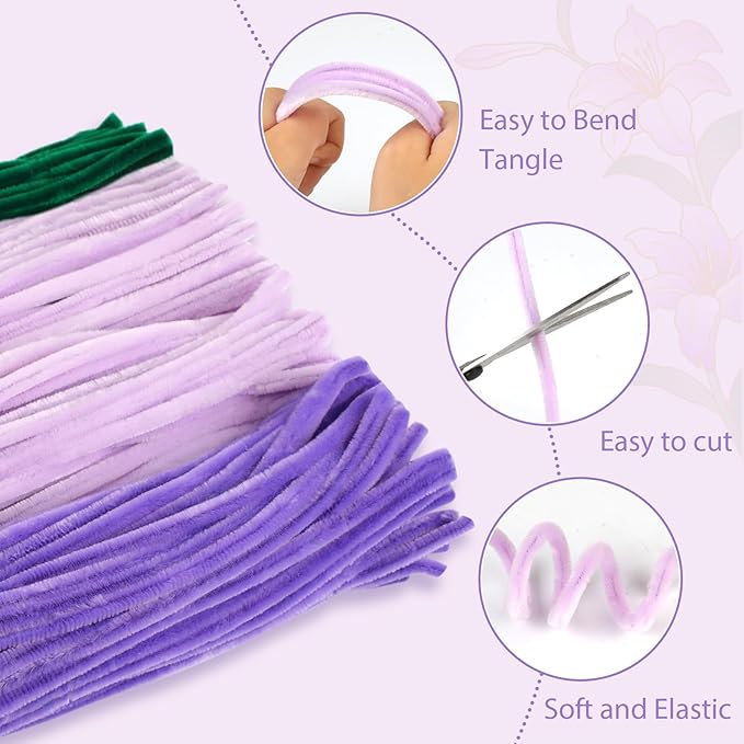 350 Piece Pipe Cleaner Craft, 4 Color Pipe Cleaners Bulk, Chenille Stems for DIY Flower Making Kits with Hot Melt Adhesive, Gardening Tape, Stamens (Purple)
