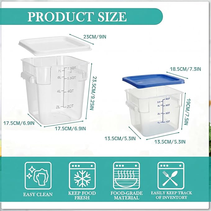 Lallisa 4 Pcs 8qt & 4qt Clear Food Storage Containers with Lids Handles and Scales, Stackable Plastic Square Food Storage Containers for Dough Proofing Baking Kitchen Restaurant(White, Blue)