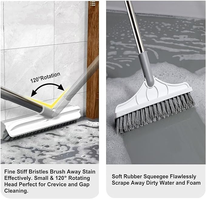 2 in 1 Floor Scrub Brush with V-Shape Stiff PVC Bristles, Stainless Steel Handle, Silver, 9x1.78x15.7 inches, 1 Count