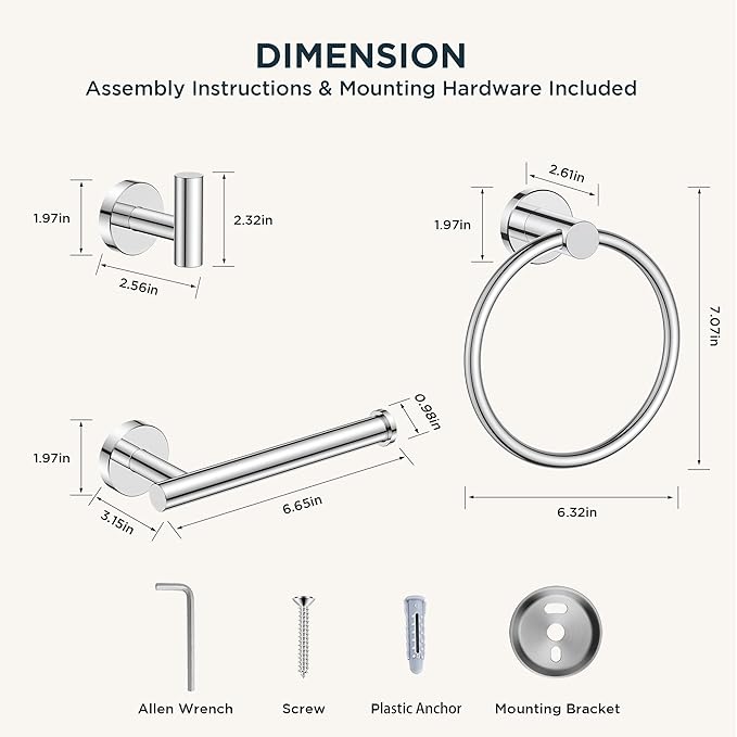 FORIOUS 4 Piece Bathroom Accessories, SUS304 Stainless Steel Toilet Paper Holder, Towel Ring and 2 Towel Hooks, Wall Mounted Bathroom Hardware Set (Chrome)