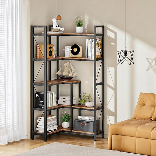 5-Tier Corner Bookshelf, 65.5'' Tall L-Shaped Bookcase, Corner Storage Stand with Metal Frame, Display Storage Rack, for Living Room, Home Office, Bedroom, Rustic Brown TSJ12BF