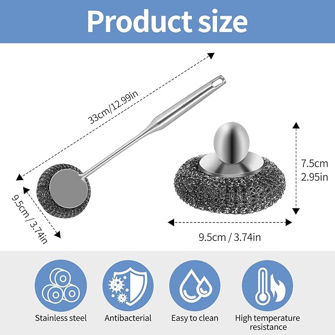 Stainless Steel Steel Wool Scrubber Set, One Dish Brush with Handle and One Long-Handled Steel Wool Brush, for Cleaning Tableware, Cooking Tools and Barbecue Grills' Metal Dish Scrubber.