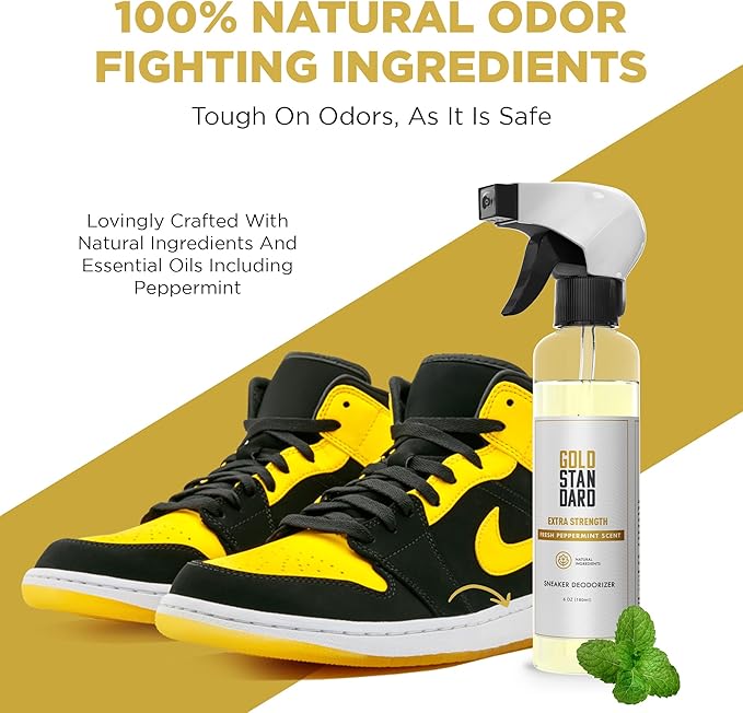 Gold Standard Natural Sneaker Deodorizer Spray, 2 Pack, 6 oz Shoe Odor Eliminator, Extra Strength & Long-Lasting Peppermint Fresh Scent, Shoe Deodorizer Spray
