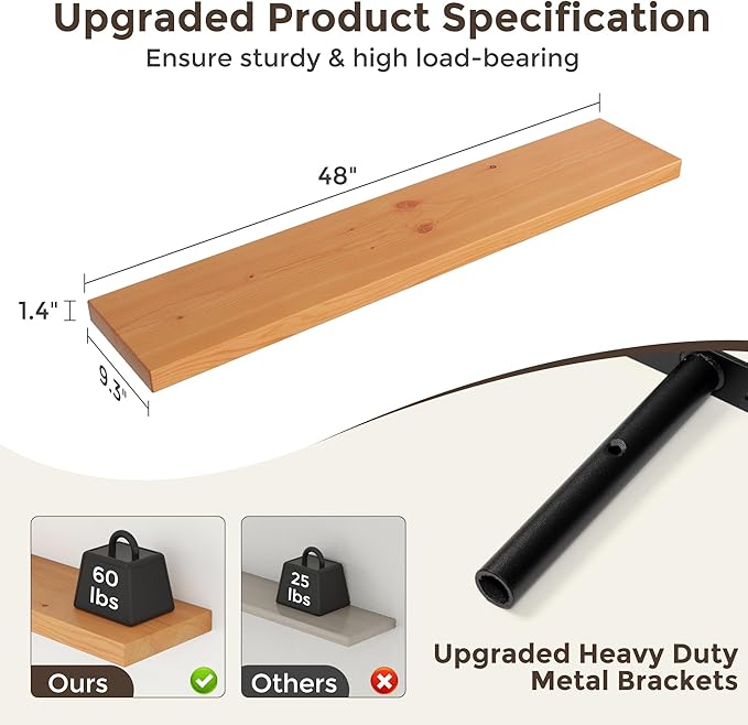 48 Inch Floating Shelves for Wall, 9.3" Deep USA-Sourced Solid Wood Wall Shelves with Heavy Duty Invisible Bracket, Nursery Storage Display Shelf for Living Room, Kitchem, Bedroom, Set of 1, Natural