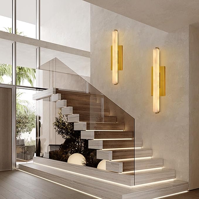 Alabaster Wall Sconces Set of Two, 25" Brass Alabaster Sconce, Spanish Natural Marble Bathroom Vanity Sconces, Rectangle Modern Sconces Lighting for Bedroom Living Room Staircases Hallway