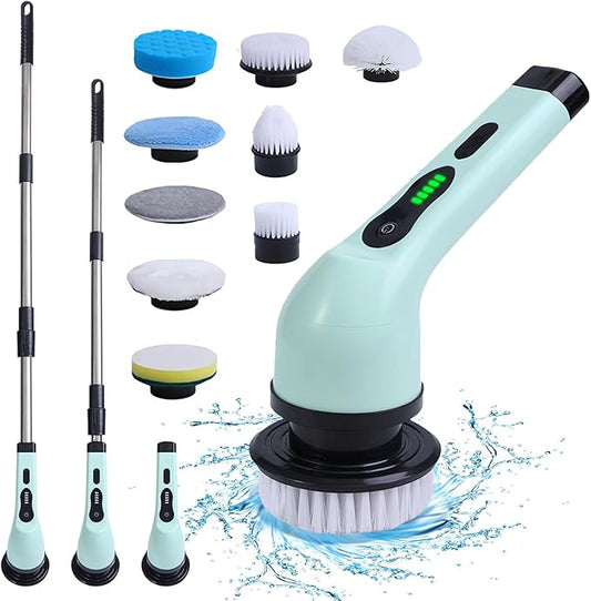 Cordless Electric Spin Scrubber, 9 Replacement Cleaning Heads IPX6 Dual Cleaning Brush with Extension Arm for Bathroom Bathtub Grout Tile Floor (9