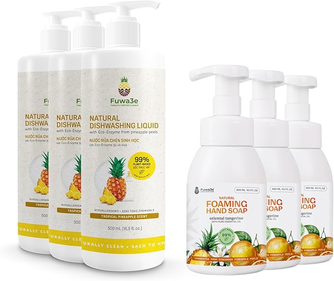 Fuwa3e Natural Dish Soap Pineapple (3 Pack) & Foaming Hand Soap Tangerine (3 Pack)