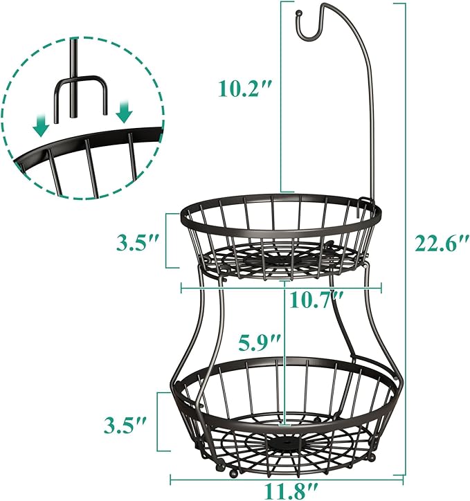 SAYZH 2-Tier Fruit Basket Bowl Stackable Vegetable Storage with Banana Tree Hanger Stand for Kitchen Countertop, Metal Wire Basket for Bread Onions Potatoes Black