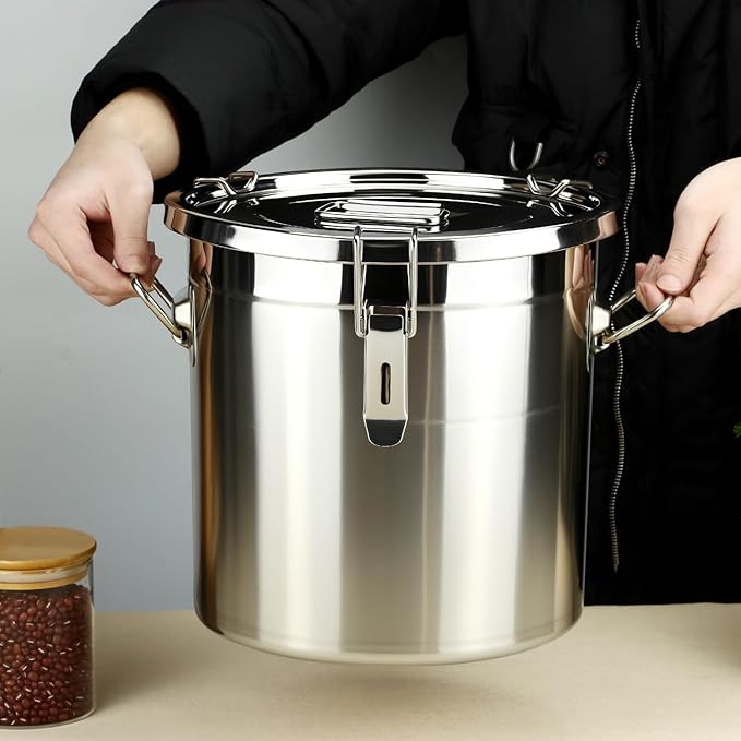 QWORK 304 Stainless Steel Airtight Food Storage Containers with Locking Clips and Lids, 12L/3.17Gal Large Kitchen Canister for Rice, Flour, Sugar, Coffee, Grain