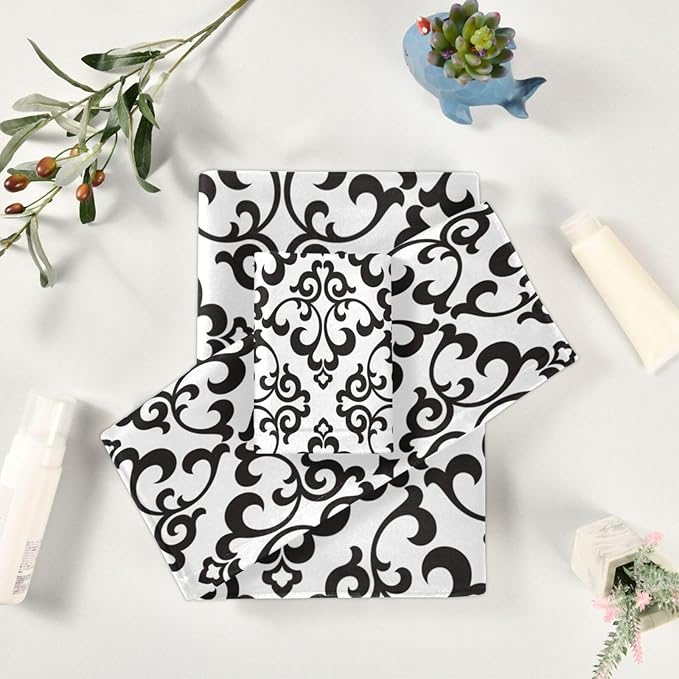 3 Piece White Black Damask Pattern Bath Towel Set,Microfiber Decorative Damask Floral Modern Abstract Bathroom Towels,1 Bath Towel 1 Hand Towel for Bathroom Kitchen,1 Washcloth for Body Face