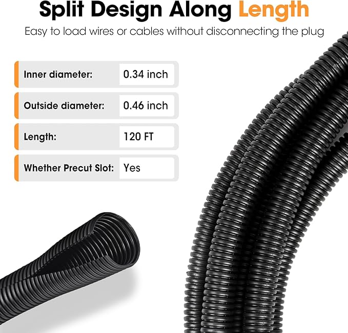 120 FT Wire Loom 3/8 Inch, Split Wire Loom Tubing Wire Conduit, Wire Protector Tubing – Black