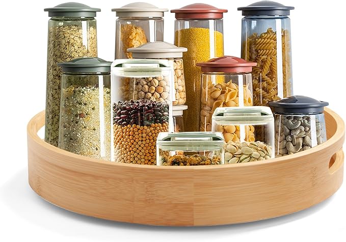 14in Bamboo Lazy Susan Turntable - Round Rotating Organizer for Pantry, Cabinet, Countertop & Kitchen | Spinning Spice, Can, jar & Seasoning Storage Tray