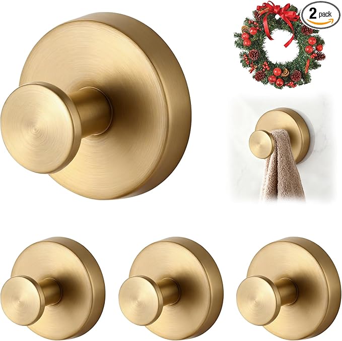 Suction Cup Hooks Applicable Shower No-Drill Bathroom Hooks for Towels, Ornament，Robes, Loofah Mountable on Bathroom Walls, Kitchen, Glass, Mirrors, Tile and Smooth,Non-Porous Surfaces (Golden 4pcs)